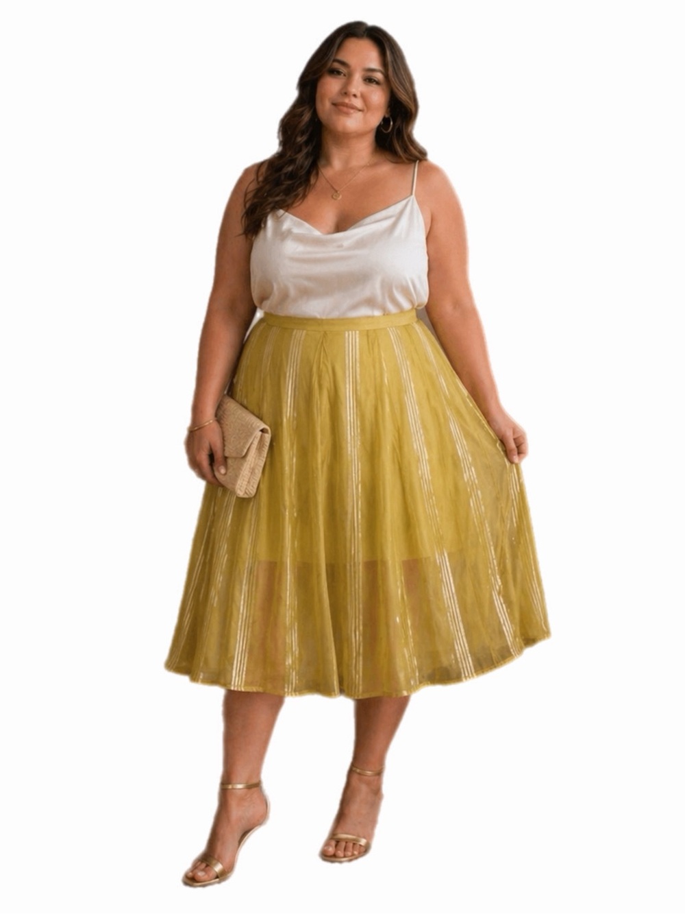 NWT Y2K Vintage Satin Jacquard Stripe A-Line Midi/Maxi Skirt (Yellow/Gold) 1X